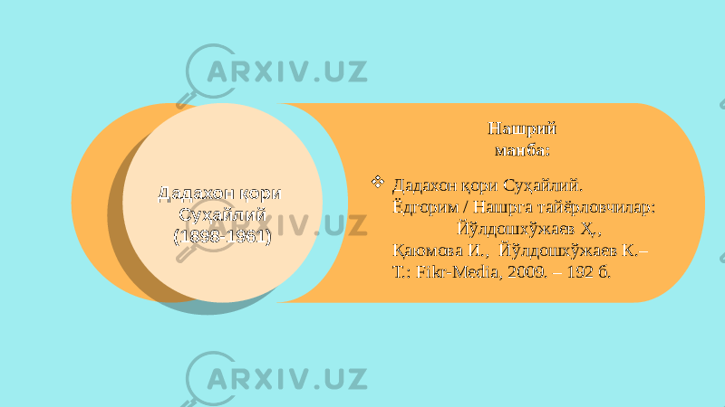 Дадахон қори Суҳайлий (1898-1961)  Дадахон қори Суҳайлий. Ёдгорим / Нашрга тайёрловчилар: Йўлдошхўжаев Ҳ., Қаюмова И., Йўлдошхўжаев К.– Т.: Fikr-Media, 2009. – 192 б. Нашрий манба: 