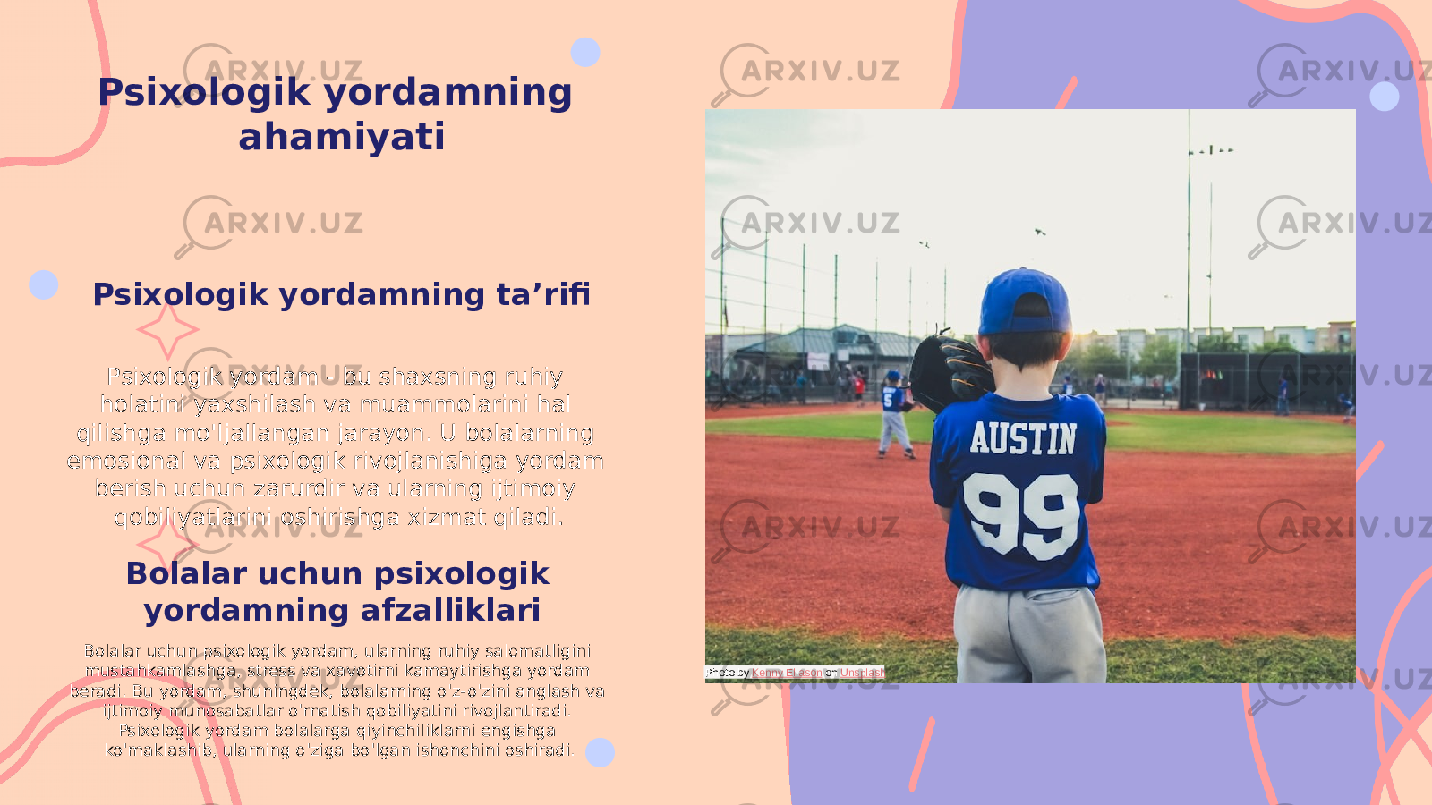 Psixologik yordamning ahamiyati Psixologik yordamning ta’rifi Psixologik yordam - bu shaxsning ruhiy holatini yaxshilash va muammolarini hal qilishga mo&#39;ljallangan jarayon. U bolalarning emosional va psixologik rivojlanishiga yordam berish uchun zarurdir va ularning ijtimoiy qobiliyatlarini oshirishga xizmat qiladi. Bolalar uchun psixologik yordamning afzalliklari Bolalar uchun psixologik yordam, ularning ruhiy salomatligini mustahkamlashga, stress va xavotirni kamaytirishga yordam beradi. Bu yordam, shuningdek, bolalarning o&#39;z-o&#39;zini anglash va ijtimoiy munosabatlar o&#39;rnatish qobiliyatini rivojlantiradi. Psixologik yordam bolalarga qiyinchiliklarni engishga ko&#39;maklashib, ularning o&#39;ziga bo&#39;lgan ishonchini oshiradi. Photo by Kenny Eliason on Unsplash 