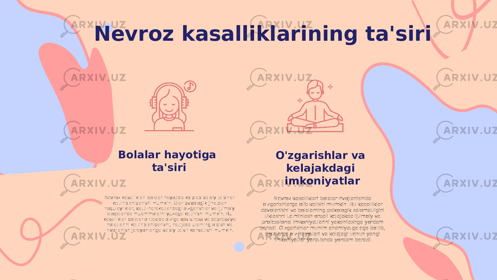 Nevroz kasalliklarining ta&#39;siri Bolalar hayotiga ta&#39;siri Nevroz kasalliklari bolalar hayotida ko&#39;plab salbiy ta&#39;sirlar keltirib chiqarishi mumkin. Ular psixologik jihatdan noqulayliklar, xatti-harakatlaridagi o&#39;zgarishlar va ijtimoiy aloqalarida muammolarni yuzaga keltirishi mumkin. Bu kasalliklar bolalar o&#39;rtasida o&#39;ziga xos stress va depressiya holatlarini keltirib chiqarishi, natijada ularning o&#39;qish va rivojlanish jarayonlariga salbiy ta&#39;sir ko&#39;rsatishi mumkin. O&#39;zgarishlar va kelajakdagi imkoniyatlar Nevroz kasalliklari bolalar rivojlanishida o&#39;zgarishlarga olib kelishi mumkin. Bu kasalliklar davolanishi va bolalarning psixologik salomatligini tiklashni ta&#39;minlash orqali kelajakda ijtimoiy va professional imkoniyatlarini yaxshilashga yordam beradi. O&#39;zgarishlar muhim ahamiyatga ega bo&#39;lib, bolalarga o&#39;z hayotlari va kelajagi uchun yangi imkoniyatlar yaratishda yordam beradi. 