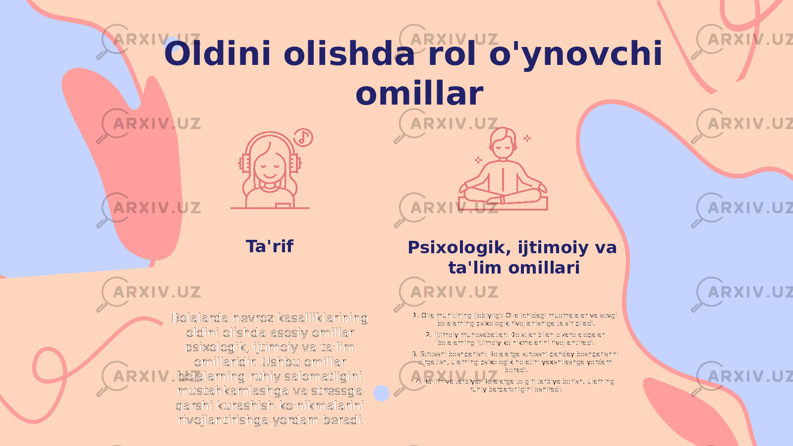 Oldini olishda rol o&#39;ynovchi omillar Ta&#39;rif Bolalarda nevroz kasalliklarining oldini olishda asosiy omillar psixologik, ijtimoiy va ta&#39;lim omillaridir. Ushbu omillar bolalarning ruhiy salomatligini mustahkamlashga va stressga qarshi kurashish ko&#39;nikmalarini rivojlantirishga yordam beradi. Psixologik, ijtimoiy va ta&#39;lim omillari 1. Oila muhitining ijobiyligi: Oila ichidagi muomalalar va sevgi bolalarning psixologik rivojlanishiga ta&#39;sir qiladi. 2. Ijtimoiy munosabatlar: Do&#39;stlar bilan o&#39;zaro aloqalar bolalarning ijtimoiy ko&#39;nikmalarini rivojlantiradi. 3. Stressni boshqarish: Bolalarga stressni qanday boshqarishni o&#39;rgatish, ularning psixologik holatini yaxshilashga yordam beradi. 4. Ta&#39;lim va tarbiya: Bolalarga to&#39;g&#39;ri tarbiya berish, ularning ruhiy barqarorligini oshiradi. 