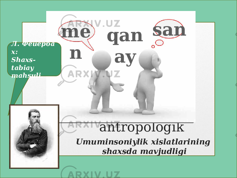 antropologik Вставка рисунка Umuminsoniylik xislatlarining shaxsda mavjudligi www.aim.uz me n qan ay san Л. Фейерба х: Shaxs- tabiay mahsuli. 