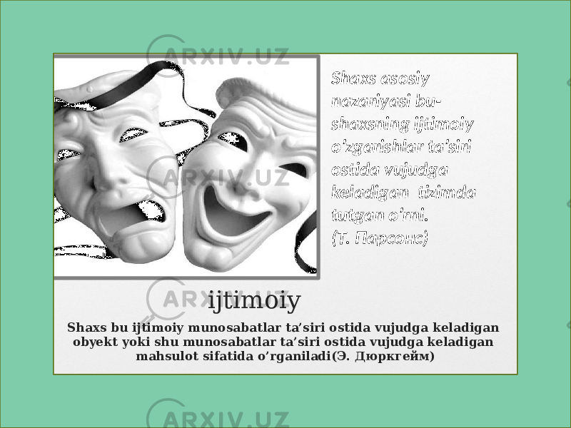 ijtimoiy Shaxs bu ijtimoiy munosabatlar ta’siri ostida vujudga keladigan obyekt yoki shu munosabatlar ta’siri ostida vujudga keladigan mahsulot sifatida o’rganiladi(Э. Дюркгейм) www.aim.uz Shaxs asosiy nazariyasi bu- shaxsning ijtimoiy o’zgarishlar ta’siri ostida vujudga keladigan tizimda tutgan o’rni. (Т. Парсонс) 