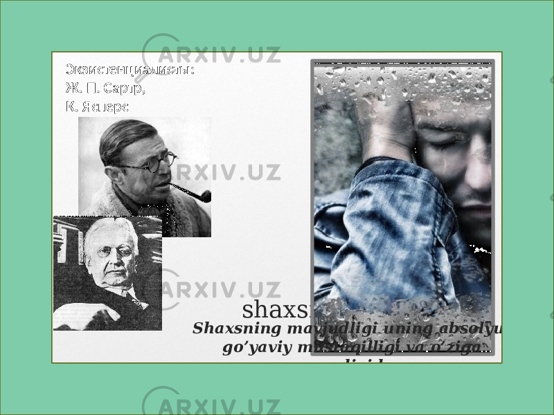 shaxsiylik Shaxsning mavjudligi uning absolyut go’yaviy mustaqilligi va o’ziga xosligida www.aim.uzЭкзистенциалисты: Ж. П. Сартр, К. Ясперс 