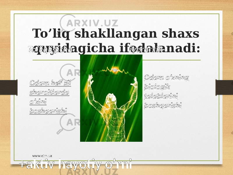 To’liq shakllangan shaxs quyidagicha ifodalanadi: www.aim.uzTo’liqligicha- Odam har xil sharoitlarda o’zini boshqarishi iyerarxik- Odam o’zning biologik talablarini boshqarishi +aktiv  hayotiy   o’rni 