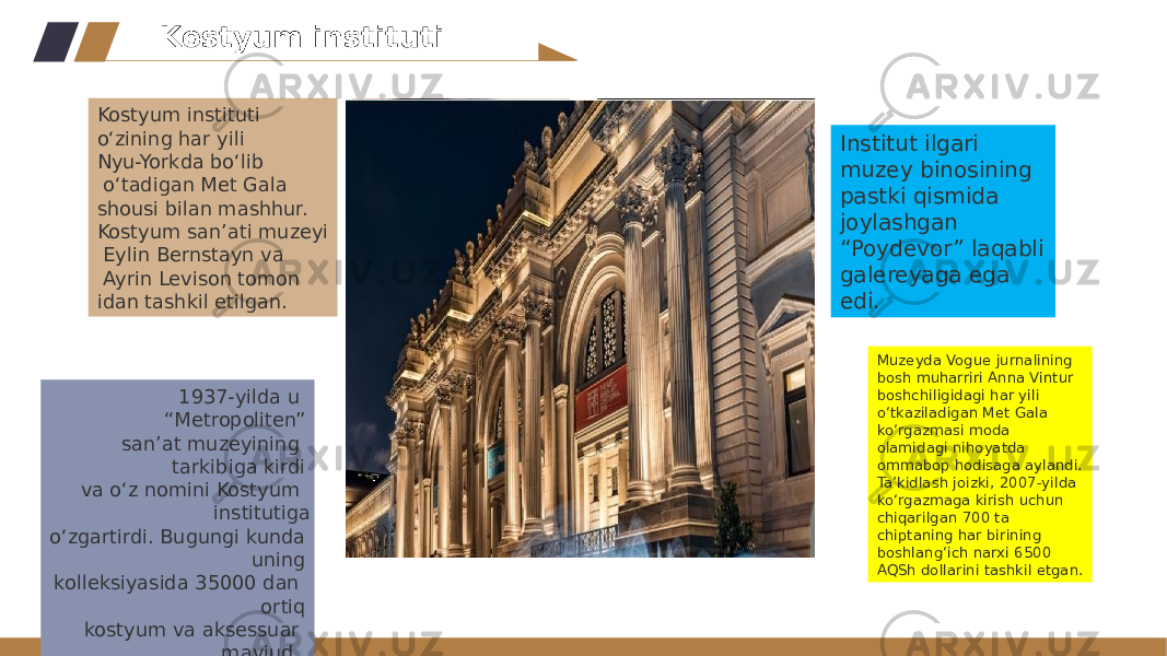 Kostyum instituti o‘zining har yili Nyu-Yorkda bo‘lib o‘tadigan Met Gala shousi bilan mashhur. Kostyum san’ati muzeyi Eylin Bernstayn va Ayrin Levison tomon idan tashkil etilgan.  1937-yilda u “Metropoliten” san’at muzeyining tarkibiga kirdi va o‘z nomini Kostyum institutiga o‘zgartirdi. Bugungi kunda uning kolleksiyasida 35000 dan ortiq kostyum va aksessuar mavjud.  Institut ilgari muzey binosining pastki qismida joylashgan “Poydevor” laqabli galereyaga ega edi. Muzeyda Vogue jurnalining bosh muharriri Anna Vintur boshchiligidagi har yili o‘tkaziladigan Met Gala ko‘rgazmasi moda olamidagi nihoyatda ommabop hodisaga aylandi. Ta’kidlash joizki, 2007-yilda ko‘rgazmaga kirish uchun chiqarilgan 700 ta chiptaning har birining boshlang‘ich narxi 6500 AQSh dollarini tashkil etgan.Kostyum instituti 