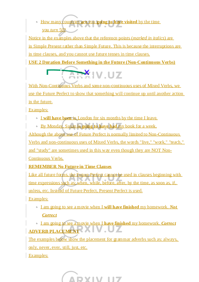  How many countries   are   you   going to have visited   by the time you   turn   50? Notice in the examples above that the reference points ( marked in italics ) are in   Simple Present   rather than   Simple Future . This is because the interruptions are in   time clauses , and you cannot use future tenses in time clauses. USE 2 Duration Before Something in the Future (Non-Continuous Verbs) With   Non-Continuous Verbs   and some non-continuous uses of   Mixed Verbs , we use the Future Perfect to show that something will continue up until another action in the future. Examples:  I   will have been   in London for six months by the time I leave.  By Monday, Susan   is going to have had   my book for a week. Although the above use of Future Perfect is normally limited to Non-Continuous Verbs and non-continuous uses of Mixed Verbs, the words &#34;live,&#34; &#34;work,&#34; &#34;teach,&#34; and &#34;study&#34; are sometimes used in this way even though they are NOT Non- Continuous Verbs. REMEMBER No Future in Time Clauses Like all future forms, the Future Perfect cannot be used in clauses beginning with time expressions such as: when, while, before, after, by the time, as soon as, if, unless, etc. Instead of Future Perfect,   Present Perfect   is used. Examples:  I am going to see a movie when I   will have finished   my homework.   Not Correct  I am going to see a movie when I   have finished   my homework.   Correct ADVERB PLACEMENT The examples below show the placement for grammar adverbs such as: always, only, never, ever, still, just, etc. Examples: 