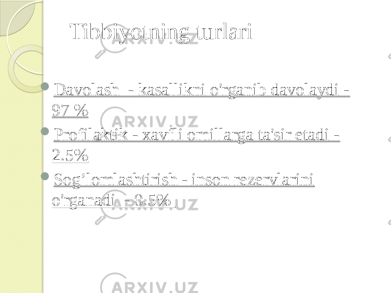 Tibbiyotning turlari  Davolash - kasallikni o&#39;rganib davolaydi - 97 %  Profilaktik - xavfli omillarga ta&#39;sir etadi - 2.5%  Sog’lomlashtirish - inson rezervlarini o&#39;rganadi - 0.5% 