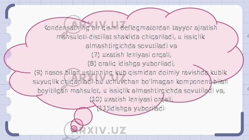 Kondensatning bir qismi deflegmatordan tayyor ajratish mahsuloti-distillat shaklida chiqariladi, u issiqlik almashtirgichda sovutiladi va (7) uzatish leniyasi orqali; (8) oraliq idishga yuboriladi; (9) nasos bilan ustunning kub qismidan doimiy ravishda kubik suyuqlik chiqariladi-bu uchuvchan bo&#39;lmagan komponent bilan boyitilgan mahsulot, u issiqlik almashtirgichda sovutiladi va; (10) uzatish leniyasi orqali; (11)idishga yuboriladi: 