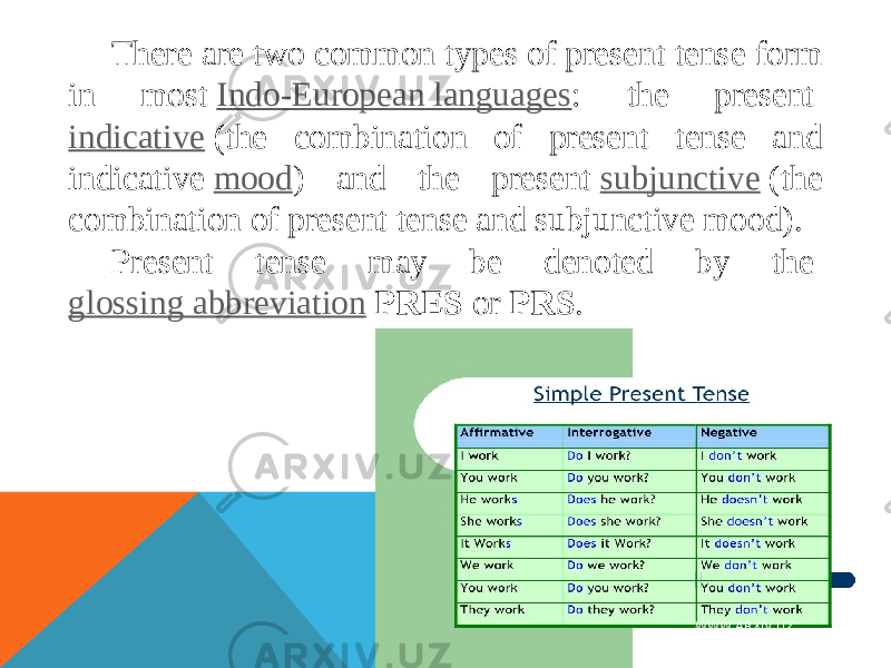 There are two common types of present tense form in most  Indo-European languages : the present  indicative  (the combination of present tense and indicative  mood ) and the present  subjunctive  (the combination of present tense and subjunctive mood). Present tense may be denoted by the  glossing abbreviation   PRES  or  PRS . WWW.ARXIV.UZ 