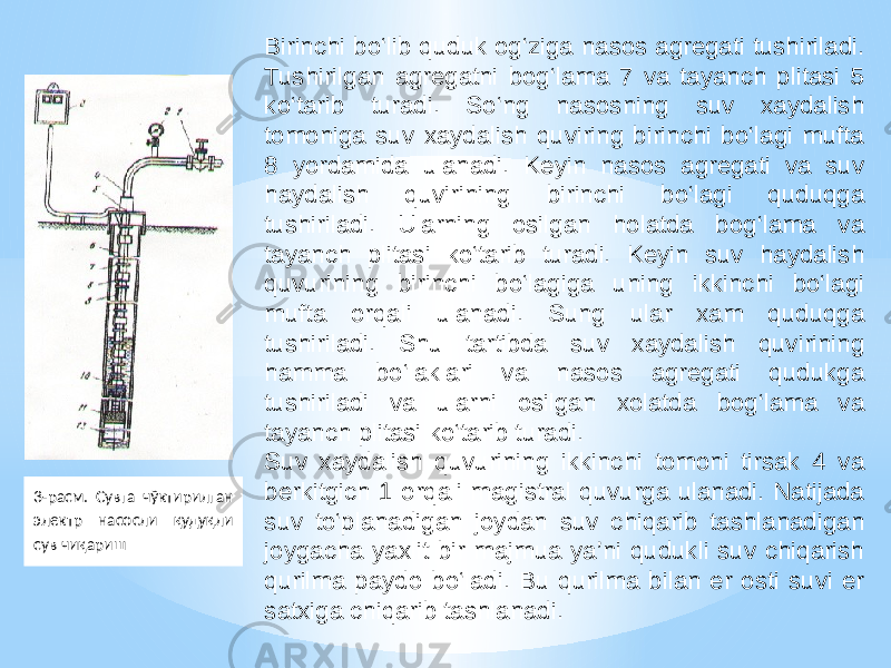 3-расм. Сувга чўктирилган электр насосли қудуқли сув чиқариш   Birinchi bo‘lib quduk og‘ziga nasos agregati tushiriladi. Tushirilgan agregatni bog‘lama 7 va tayanch plitasi 5 ko‘tarib turadi. So‘ng nasosning suv xaydalish tomoniga suv xaydalish quviring birinchi bo‘lagi mufta 8 yordamida ulanadi. Keyin nasos agregati va suv haydalish quvirining birinchi bo‘lagi quduqga tushiriladi. Ularning osilgan holatda bog‘lama va tayanch plitasi ko‘tarib turadi. Keyin suv haydalish quvurining birinchi bo‘lagiga uning ikkinchi bo‘lagi mufta orqali ulanadi. Sung ular xam quduqga tushiriladi. Shu tartibda suv xaydalish quvirining hamma bo‘laklari va nasos agregati qudukga tushiriladi va ularni osilgan xolatda bog‘lama va tayanch plitasi ko‘tarib turadi. Suv xaydalish quvurining ikkinchi tomoni tirsak 4 va berkitgich 1 orqali magistral quvurga ulanadi. Natijada suv to‘planadigan joydan suv chiqarib tashlanadigan joygacha yaxlit bir majmua ya’ni qudukli suv chiqarish qurilma paydo bo‘ladi. Bu qurilma bilan er osti suvi er satxiga chiqarib tashlanadi. 