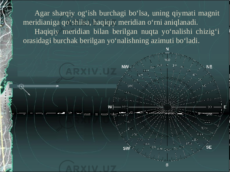 Agar sharqiy og‘ish burchagi bo‘lsa, uning qiymati magnit meridianiga qo‘shilsa, haqiqiy meridian o‘rni aniqlanadi. Haqiqiy meridian bilan berilgan nuqta yo‘nalishi chizig‘i orasidagi burchak berilgan yo‘nalishning azimuti bo‘ladi. 