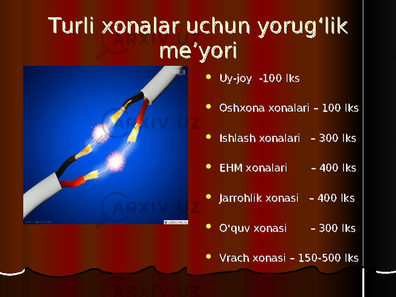 Turli xonalar uchun yorug‘lik Turli xonalar uchun yorug‘lik me’yorime’yori  Uy-joy Uy-joy -100 lks-100 lks  Oshxona xonalari – 100 lksOshxona xonalari – 100 lks  Ishlash xonalari Ishlash xonalari – 300 lks– 300 lks  EHM xonalari EHM xonalari – 400 lks– 400 lks  Jarrohlik xonasi Jarrohlik xonasi – 400 lks– 400 lks  O‘quv xonasi O‘quv xonasi – 300 lks– 300 lks  Vrach xonasiVrach xonasi – 150-500 lks– 150-500 lks 