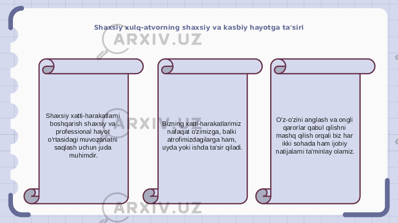 Shaxsiy xulq-atvorning shaxsiy va kasbiy hayotga ta&#39;siri Shaxsiy xatti-harakatlarni boshqarish shaxsiy va professional hayot o&#39;rtasidagi muvozanatni saqlash uchun juda muhimdir. Bizning xatti-harakatlarimiz nafaqat o&#39;zimizga, balki atrofimizdagilarga ham, uyda yoki ishda ta&#39;sir qiladi. O&#39;z-o&#39;zini anglash va ongli qarorlar qabul qilishni mashq qilish orqali biz har ikki sohada ham ijobiy natijalarni ta&#39;minlay olamiz. 