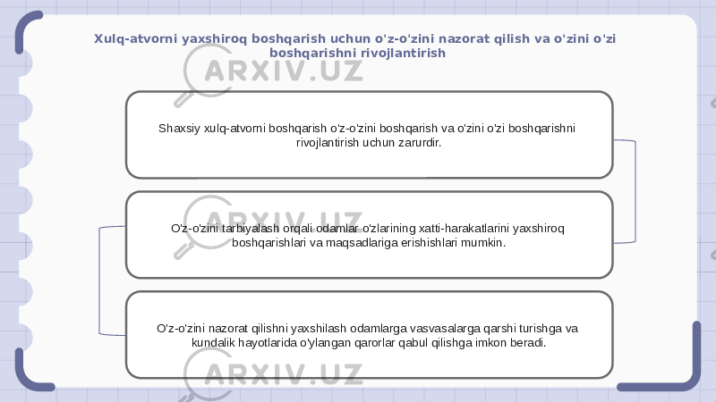 Xulq-atvorni yaxshiroq boshqarish uchun o&#39;z-o&#39;zini nazorat qilish va o&#39;zini o&#39;zi boshqarishni rivojlantirish Shaxsiy xulq-atvorni boshqarish o&#39;z-o&#39;zini boshqarish va o&#39;zini o&#39;zi boshqarishni rivojlantirish uchun zarurdir. O&#39;z-o&#39;zini tarbiyalash orqali odamlar o&#39;zlarining xatti-harakatlarini yaxshiroq boshqarishlari va maqsadlariga erishishlari mumkin. O&#39;z-o&#39;zini nazorat qilishni yaxshilash odamlarga vasvasalarga qarshi turishga va kundalik hayotlarida o&#39;ylangan qarorlar qabul qilishga imkon beradi. 