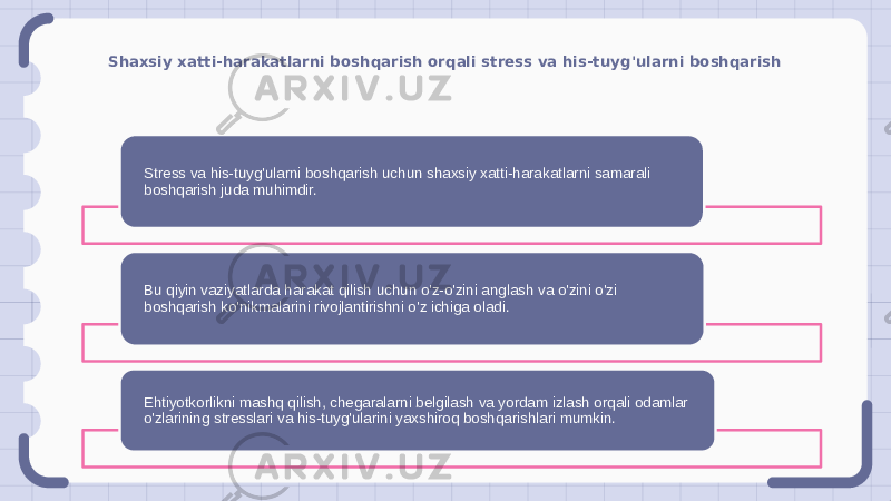 Shaxsiy xatti-harakatlarni boshqarish orqali stress va his-tuyg&#39;ularni boshqarish Stress va his-tuyg&#39;ularni boshqarish uchun shaxsiy xatti-harakatlarni samarali boshqarish juda muhimdir. Bu qiyin vaziyatlarda harakat qilish uchun o&#39;z-o&#39;zini anglash va o&#39;zini o&#39;zi boshqarish ko&#39;nikmalarini rivojlantirishni o&#39;z ichiga oladi. Ehtiyotkorlikni mashq qilish, chegaralarni belgilash va yordam izlash orqali odamlar o&#39;zlarining stresslari va his-tuyg&#39;ularini yaxshiroq boshqarishlari mumkin. 