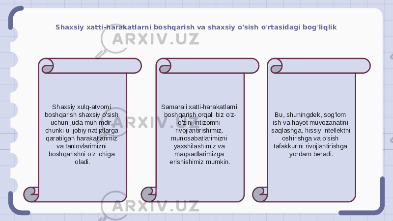 Shaxsiy xatti-harakatlarni boshqarish va shaxsiy o&#39;sish o&#39;rtasidagi bog&#39;liqlik Shaxsiy xulq-atvorni boshqarish shaxsiy o&#39;sish uchun juda muhimdir, chunki u ijobiy natijalarga qaratilgan harakatlarimiz va tanlovlarimizni boshqarishni o&#39;z ichiga oladi. Samarali xatti-harakatlarni boshqarish orqali biz o&#39;z- o&#39;zini intizomni rivojlantirishimiz, munosabatlarimizni yaxshilashimiz va maqsadlarimizga erishishimiz mumkin. Bu, shuningdek, sog&#39;lom ish va hayot muvozanatini saqlashga, hissiy intellektni oshirishga va o&#39;sish tafakkurini rivojlantirishga yordam beradi. 