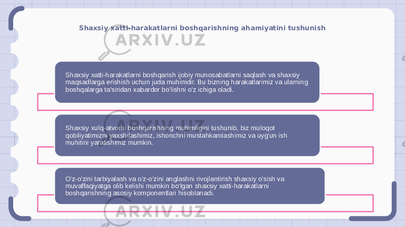 Shaxsiy xatti-harakatlarni boshqarishning ahamiyatini tushunish Shaxsiy xatti-harakatlarni boshqarish ijobiy munosabatlarni saqlash va shaxsiy maqsadlarga erishish uchun juda muhimdir. Bu bizning harakatlarimiz va ularning boshqalarga ta&#39;siridan xabardor bo&#39;lishni o&#39;z ichiga oladi. Shaxsiy xulq-atvorni boshqarishning muhimligini tushunib, biz muloqot qobiliyatimizni yaxshilashimiz, ishonchni mustahkamlashimiz va uyg&#39;un ish muhitini yaratishimiz mumkin. O&#39;z-o&#39;zini tarbiyalash va o&#39;z-o&#39;zini anglashni rivojlantirish shaxsiy o&#39;sish va muvaffaqiyatga olib kelishi mumkin bo&#39;lgan shaxsiy xatti-harakatlarni boshqarishning asosiy komponentlari hisoblanadi. 