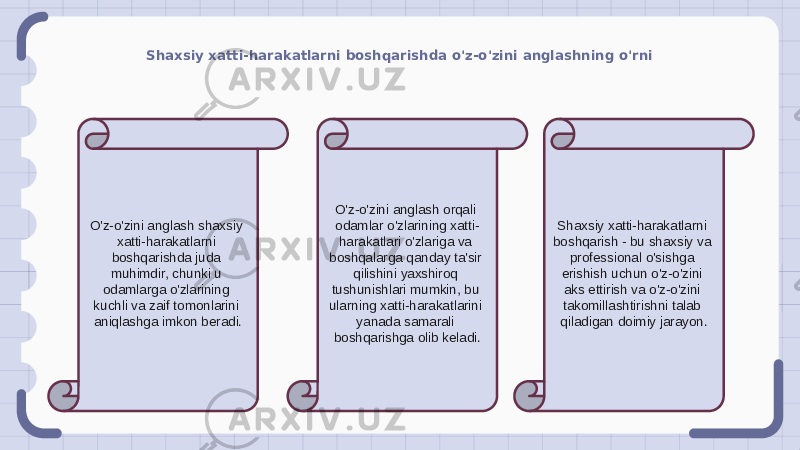 Shaxsiy xatti-harakatlarni boshqarishda o&#39;z-o&#39;zini anglashning o&#39;rni O&#39;z-o&#39;zini anglash shaxsiy xatti-harakatlarni boshqarishda juda muhimdir, chunki u odamlarga o&#39;zlarining kuchli va zaif tomonlarini aniqlashga imkon beradi. O&#39;z-o&#39;zini anglash orqali odamlar o&#39;zlarining xatti- harakatlari o&#39;zlariga va boshqalarga qanday ta&#39;sir qilishini yaxshiroq tushunishlari mumkin, bu ularning xatti-harakatlarini yanada samarali boshqarishga olib keladi. Shaxsiy xatti-harakatlarni boshqarish - bu shaxsiy va professional o&#39;sishga erishish uchun o&#39;z-o&#39;zini aks ettirish va o&#39;z-o&#39;zini takomillashtirishni talab qiladigan doimiy jarayon. 