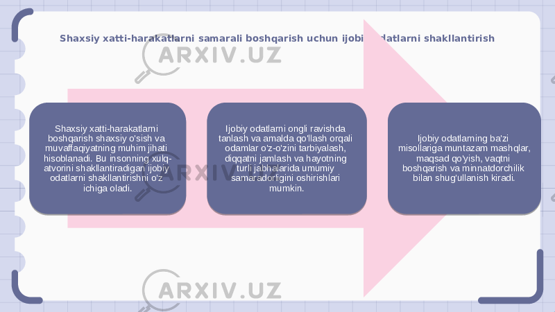 Shaxsiy xatti-harakatlarni samarali boshqarish uchun ijobiy odatlarni shakllantirish Shaxsiy xatti-harakatlarni boshqarish shaxsiy o&#39;sish va muvaffaqiyatning muhim jihati hisoblanadi. Bu insonning xulq- atvorini shakllantiradigan ijobiy odatlarni shakllantirishni o&#39;z ichiga oladi. Ijobiy odatlarni ongli ravishda tanlash va amalda qo&#39;llash orqali odamlar o&#39;z-o&#39;zini tarbiyalash, diqqatni jamlash va hayotning turli jabhalarida umumiy samaradorligini oshirishlari mumkin. Ijobiy odatlarning ba&#39;zi misollariga muntazam mashqlar, maqsad qo&#39;yish, vaqtni boshqarish va minnatdorchilik bilan shug&#39;ullanish kiradi. 