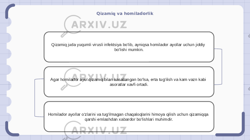 Qizamiq va homiladorlik Qizamiq juda yuqumli virusli infektsiya bo&#39;lib, ayniqsa homilador ayollar uchun jiddiy bo&#39;lishi mumkin. Agar homilador ayol qizamiq bilan kasallangan bo&#39;lsa, erta tug&#39;ilish va kam vazn kabi asoratlar xavfi ortadi. Homilador ayollar o&#39;zlarini va tug&#39;ilmagan chaqaloqlarini himoya qilish uchun qizamiqqa qarshi emlashdan xabardor bo&#39;lishlari muhimdir. 