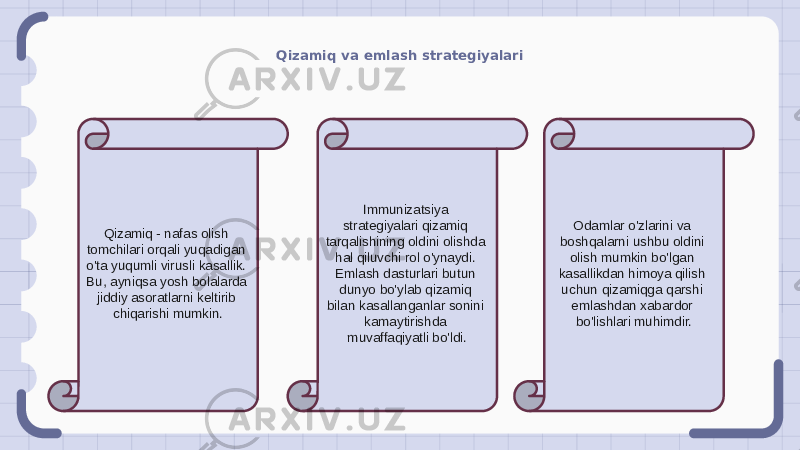 Qizamiq va emlash strategiyalari Qizamiq - nafas olish tomchilari orqali yuqadigan o&#39;ta yuqumli virusli kasallik. Bu, ayniqsa yosh bolalarda jiddiy asoratlarni keltirib chiqarishi mumkin. Immunizatsiya strategiyalari qizamiq tarqalishining oldini olishda hal qiluvchi rol o&#39;ynaydi. Emlash dasturlari butun dunyo bo&#39;ylab qizamiq bilan kasallanganlar sonini kamaytirishda muvaffaqiyatli bo&#39;ldi. Odamlar o&#39;zlarini va boshqalarni ushbu oldini olish mumkin bo&#39;lgan kasallikdan himoya qilish uchun qizamiqga qarshi emlashdan xabardor bo&#39;lishlari muhimdir. 