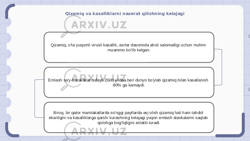 Qizamiq va kasalliklarni nazorat qilishning kelajagi Qizamiq, o&#39;ta yuqumli virusli kasallik, asrlar davomida aholi salomatligi uchun muhim muammo bo&#39;lib kelgan. Emlash sa&#39;y-harakatlari tufayli 2000 yildan beri dunyo bo&#39;ylab qizamiq bilan kasallanish 80% ga kamaydi. Biroq, bir qator mamlakatlarda so&#39;nggi paytlarda avj olish qizamiq hali ham tahdid ekanligini va kasalliklarga qarshi kurashning kelajagi yuqori emlash stavkalarini saqlab qolishga bog&#39;liqligini eslatib turadi. 