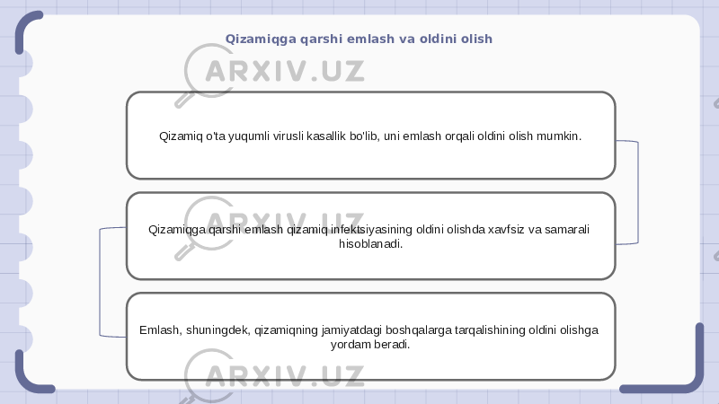 Qizamiqga qarshi emlash va oldini olish Qizamiq o&#39;ta yuqumli virusli kasallik bo&#39;lib, uni emlash orqali oldini olish mumkin. Qizamiqga qarshi emlash qizamiq infektsiyasining oldini olishda xavfsiz va samarali hisoblanadi. Emlash, shuningdek, qizamiqning jamiyatdagi boshqalarga tarqalishining oldini olishga yordam beradi. 