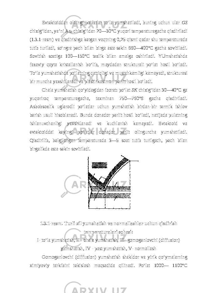 Evtektoiddan oldingi po‘latlar to‘la yumshatiladi, buning uchun ular GS chizig‘idan, ya’ni As 3 chizig‘idan 20—30°С yuqori temperaturagacha qizdiriladi (1.3.1-rasm) va qizdirishga ketgan vaqtning 0,25 qismi qadar shu temperaturada tutib turiladi, so‘ngra pech bilan birga asta-sekin 660—400°С gacha sovitiladi. Sovitish soatiga 100—150°С tezlik bilan amalga oshiriladi. YUmshatishda fazaviy qayta kristallanish bo‘lib, maydadan strukturali po‘lat hosil bo‘ladi. To‘la yumshatishda po‘latning qattiqligi va mustahkamligi kamayadi, strukturasi bir muncha yaxshilanadi va plastinkasimon perlit hosil bo‘ladi. Chala yumshatish qo‘yidagidan iborat: po‘lat SK chizig‘idan 30—40°С ga yuqoriroq temperaturagacha, taxminan 750—760°S gacha qizdiriladi. Asbobsozlik uglerodli po‘latlar uchun yumshatish birdan-bir termik ishlov berish usuli hisoblanadi. Bunda donador perlit hosil bo‘ladi, natijada pulatning ishlanuvchanligi yaxshilanadi va kuchlanish kamayadi. Evtektoid va evtektoiddai keyingi po‘latlar donador perlit olinguncha yumshatiladi. Qizdirilib, belgilangan temperaturada 3—5 soat tutib turilgach, pech bilan birgalikda asta-sekin sovitiladi. 1.3.1-rasm. Turli xil yumshatish va normallashlar uchun qizdirish temperaturalari sohasi: I- to‘la yumshatish, II - chala yumshatish, III- gomogenlovchi (diffuzion) yumshatish, IV - past yumshatish, V- normallash Gomogenlovchi (diffuzion) yumshatish shakldor va yirik qo‘ymalarning ximiyaviy tarkibini tekislash maqsadida qilinadi. Po‘lat 1000— 1100°С 