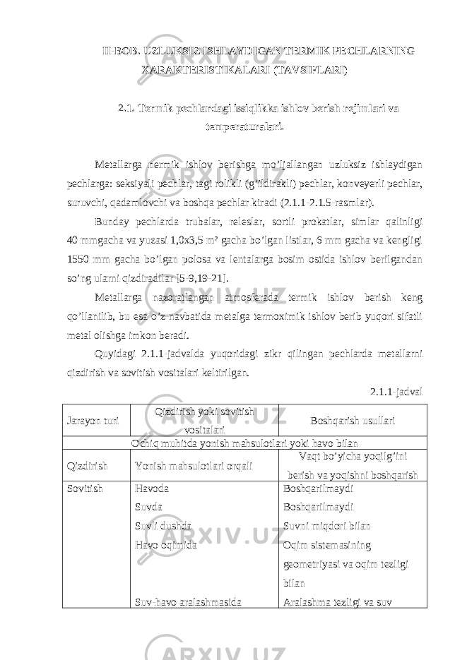 II-BOB. UZLUKSIZ ISHLAYDIGAN TERMIK PECHLARNING XARAKTERISTIKALARI (TAVSIFLARI) 2.1. Termik pechlardagi issiqlikka ishlov berish rejimlari va temperaturalari . Metallarga nermik ishlov berishga mo’ljallangan uzluksiz ishlaydigan pechlarga: seksiyali pechlar, tagi rolikli (g’ildirakli) pechlar, konveyerli pechlar, suruvchi, qadamlovchi va boshqa pechlar kiradi (2.1.1-2.1.5-rasmlar). Bunday pechlarda trubalar, releslar, sortli prokatlar, simlar qalinligi 40 mmgacha va yuzasi 1,0x3,5 m² gacha bo’lgan listlar, 6 mm gacha va kengligi 1550 mm gacha bo’lgan polosa va lentalarga bosim ostida ishlov berilgandan so’ng ularni qizdiradilar [5-9,19-21]. Metallarga nazoratlangan atmosferada termik ishlov berish keng qo’llanilib, bu esa o’z navbatida metalga termoximik ishlov berib yuqori sifatli metal olishga imkon beradi. Quyidagi 2.1.1-jadvalda yuqoridagi zikr qilingan pechlarda metallarni qizdirish va sovitish vositalari keltirilgan. 2.1. 1 -jadval Jarayon turi Qizdirish yoki sovitish vositalari Boshqarish usullari Ochiq muhitda yonish mahsulotlari yoki havo bilan Qizdiri sh Yonish mahsulotlari orqali Vaqt bo’yicha yoqilg’ini berish va yoqishni boshqarish Sovitish Havoda Suvda Suvli dushda Havo oqimida Suv-havo aralashmasida Boshqarilmaydi Boshqarilmaydi Suvni miqdori bilan Oqim sistemasining geometriyasi va oqim tezligi bilan Aralashma tezligi va suv 