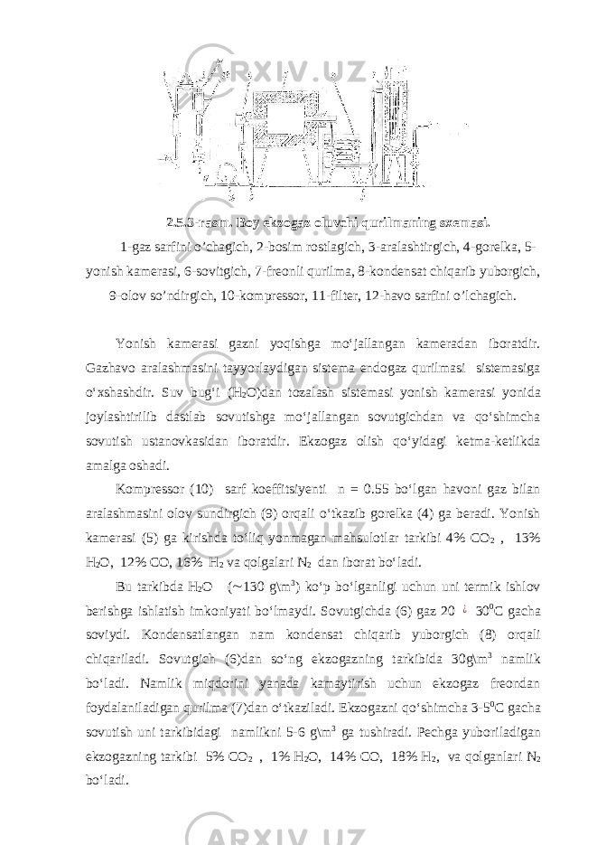 2.5. 3-rasm. Boy ekzogaz oluvchi qurilma ning sxemasi. 1-gaz sarfini o’chagich, 2-bosim rostlagich, 3-aralashtirgich, 4-gorelka, 5- yonish kamerasi, 6-sovitgich, 7-freonli qurilma, 8-kondensat chiqarib yuborgich, 9-olov so’ndirgich, 10-kompressor, 11-filter, 12-havo sarfini o’lchagich. Yonish kamerasi gazni yoqishga mo‘jallangan kameradan iboratdir. Gazhavo aralashmasini tayyorlaydigan sistema endogaz qurilmasi sistemasiga o‘xshashdir. Suv bug‘i (H 2 O)dan tozalash sistemasi yonish kamerasi yonida joylashtirilib dastlab sovutishga mo‘jallangan sovutgichdan va qo‘shimcha sovutish ustanovkasidan iboratdir. Ekzogaz olish qo‘yidagi ketma-ketlikda amalga oshadi. Kompressor (10) sarf koeffitsiyenti n = 0.55 bo‘lgan havoni gaz bilan aralashmasini olov sundirgich (9) orqali o‘tkazib gorelka (4) ga beradi. Yonish kamerasi (5) ga kirishda to‘liq yonmagan mahsulotlar tarkibi 4% CO 2 , 13% H 2 O, 12% CO, 16% H 2 va qolgalari N 2 dan iborat bo‘ladi. Bu tarkibda H 2 O (  130 g\m 3 ) ko‘p bo‘lganligi uchun uni termik ishlov berishga ishlatish imkoniyati bo‘lmaydi. Sovutgichda (6) gaz 20¿ 30 0 C gacha soviydi. Kondensatlangan nam kondensat chiqarib yuborgich (8) orqali chiqariladi. Sovutgich (6)dan so‘ng ekzogazning tarkibida 30g\m 3 namlik bo‘ladi. Namlik miqdorini yanada kamaytirish uchun ekzogaz freondan foydalaniladigan qurilma (7)dan o‘tkaziladi. Ekzogazni qo‘shimcha 3-5 0 C gacha sovutish uni tarkibidagi namlikni 5-6 g\m 3 ga tushiradi. Pechga yuboriladigan ekzogazning tarkibi 5% CO 2 , 1% H 2 O, 14% CO, 18% H 2 , va qolganlari N 2 bo‘ladi. 