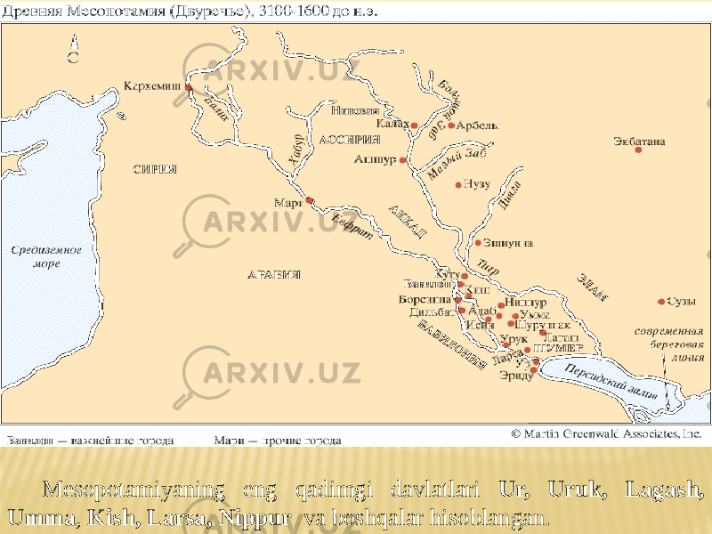 Mesopotamiyaning eng qadimgi davlatlari Ur, Uruk, Lagash, Umma , Kish, Larsa, Nippur va boshqalar hisoblangan. 