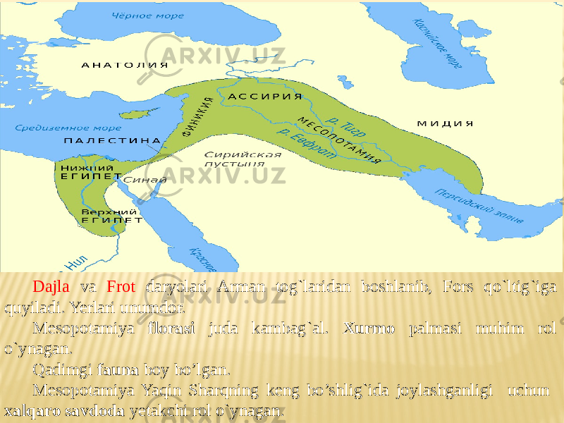 Dajla va Frot daryolari Arman tog`laridan boshlanib, Fors qo`ltig`iga quyiladi. Yerlari unumdor. Mesopotamiya florasi juda kambag`al. Xurmo palmasi muhim rol o`ynagan. Qadimgi fauna boy bo’lgan. Mesopotamiya Yaqin Sharqning keng bo’shlig`ida joylashganligi uchun xalqaro savdoda yetakchi rol o`ynagan. 