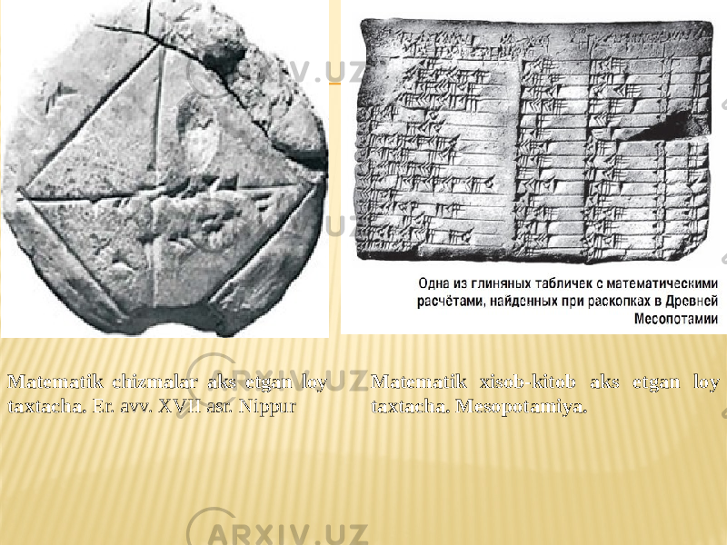 Matematik chizmalar aks etgan loy taxtacha. Er. avv. XVII asr. Nippur Matematik xisob-kitob aks etgan loy taxtacha. Mesopotamiya. 