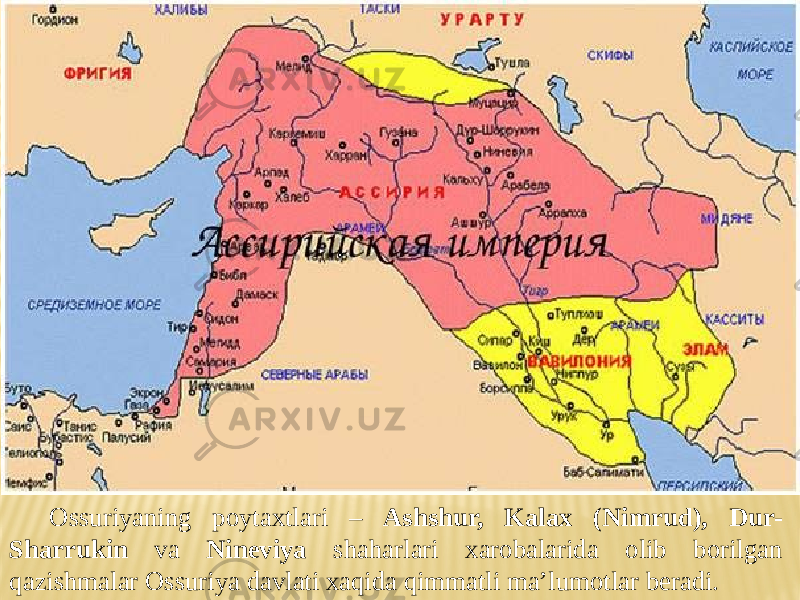Ossuriyaning poytaxtlari – Ashshur, Kalax (Nimrud), Dur- Sharrukin va Nineviya shaharlari xarobalarida olib borilgan qazishmalar Ossuriya davlati xaqida qimmatli ma’lumotlar beradi. 