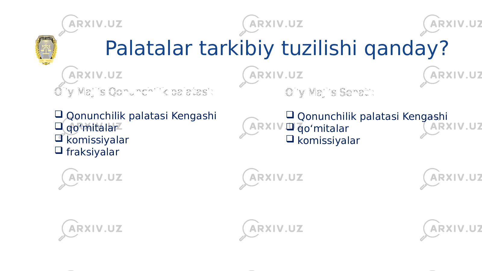 Palatalar tarkibiy tuzilishi qanday? Oliy Majlis Qonunchilik palatasi:  Qonunchilik palatasi Kengashi  qo‘mitalar  komissiyalar  fraksiyalar Oliy Majlis Senati:  Qonunchilik palatasi Kengashi  qo‘mitalar  komissiyalar 