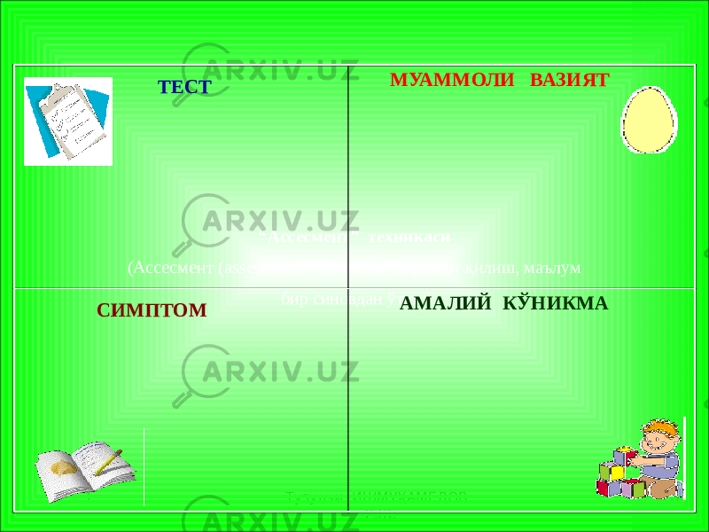 1 Тузувчи ИШМУҲАМЕДОВ Р.Ж. 26“ Ассесмент” техникаси (Ассесмент (assesment) – ўз-ўзини тақдимот қилиш, маълум бир синовдан ўтиш). ТЕСТ МУАММОЛИ ВАЗИЯТ СИМПТОМ АМАЛИЙ КЎНИКМА 