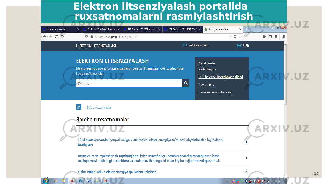 Elektron litsenziyalash portalida ruxsatnomalarni rasmiylashtirish Бизнес ҳуқуқи кафедраси 2020 йил 10 