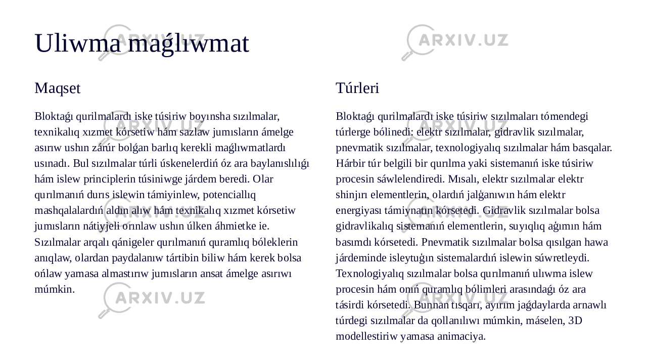 Uliwma maǵlıwmat Maqset Bloktaǵı qurilmalardı iske túsiriw boyınsha sızılmalar, texnikalıq xızmet kórsetiw hám sazlaw jumısların ámelge asırıw ushın zárúr bolǵan barlıq kerekli maǵlıwmatlardı usınadı. Bul sızılmalar túrli úskenelerdiń óz ara baylanıslılıǵı hám islew principlerin túsiniwge járdem beredi. Olar qurılmanıń durıs islewin támiyinlew, potenciallıq mashqalalardıń aldın alıw hám texnikalıq xızmet kórsetiw jumısların nátiyjeli orınlaw ushın úlken áhmietke ie. Sızılmalar arqalı qánigeler qurılmanıń quramlıq bóleklerin anıqlaw, olardan paydalanıw tártibin biliw hám kerek bolsa ońlaw yamasa almastırıw jumısların ansat ámelge asırıwı múmkin. Túrleri Bloktaǵı qurilmalardı iske túsiriw sızılmaları tómendegi túrlerge bólinedi: elektr sızılmalar, gidravlik sızılmalar, pnevmatik sızılmalar, texnologiyalıq sızılmalar hám basqalar. Hárbir túr belgili bir qurılma yaki sistemanıń iske túsiriw procesin sáwlelendiredi. Mısalı, elektr sızılmalar elektr shinjırı elementlerin, olardıń jalģanıwın hám elektr energiyası támiynatın kórsetedi. Gidravlik sızılmalar bolsa gidravlikalıq sistemanıń elementlerin, suyıqlıq aģımın hám basımdı kórsetedi. Pnevmatik sızılmalar bolsa qısılgan hawa járdeminde isleytuģın sistemalardıń islewin súwretleydi. Texnologiyalıq sızılmalar bolsa qurılmanıń ulıwma islew procesin hám onıń quramlıq bólimleri arasındaǵı óz ara tásirdi kórsetedi. Bunnan tısqarı, ayırım jaǵdaylarda arnawlı túrdegi sızılmalar da qollanılıwı múmkin, máselen, 3D modellestiriw yamasa animaciya. 