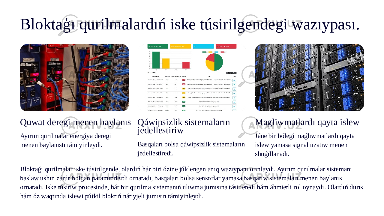 Bloktaģı qurilmalardıń iske túsirilgendegi wazıypası. Quwat deregi menen baylanıs Ayırım qurılmalar energiya deregi menen baylanıstı támiyinleydi. Qáwipsizlik sistemaların jedellestiriw Basqaları bolsa qáwipsizlik sistemaların jedellestiredi. Magliwmatlardı qayta islew Jáne bir bólegi maǵlıwmatlardı qayta islew yamasa signal uzatıw menen shuǵıllanadı. Bloktaǵı qurilmalar iske túsirilgende, olardıń hár biri ózine júklengen anıq wazıypanı orınlaydı. Ayırım qurılmalar sistemanı baslaw ushın zárúr bolgan parametrlerdi ornatadı, basqaları bolsa sensorlar yamasa basqarıw sistemaları menen baylanıs ornatadı. Iske túsiriw procesinde, hár bir qurılma sistemanıń ulıwma jumısına tásir etedi hám áhmietli rol oynaydı. Olardıń durıs hám óz waqtında islewi pútkil bloktıń nátiyjeli jumısın támiyinleydi. 