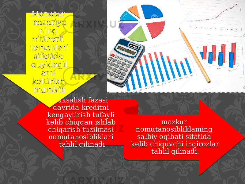 yuksalish fazasi davrida kreditni kengaytirish tufayli kelib chiqqan ishlab chiqarish tuzilmasi nomutanosibliklari tahlil qilinadi mazkur nomutanosibliklaming salbiy oqibati sifatida kelib chiquvchi inqirozlar tahlil qilinadi. Monetar nazariya ning e’tiborli tomonlari sifatida quyidagil ami keltirish mumkin 111C 1004 0902 09 20 16 0E 1E 16 0F 09 0E 08 16 16 02 0E 0F 0D 041E 09 1E1C 