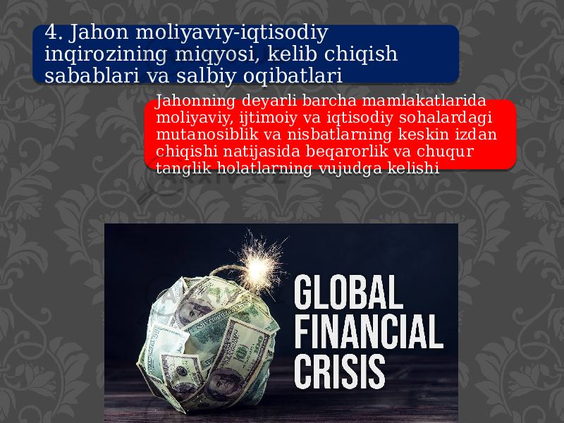 4. Jahon moliyaviy-iqtisodiy inqirozining miqyosi, kelib chiqish sabablari va salbiy oqibatlari Jahonning deyarli barcha mamlakatlarida moliyaviy, ijtimoiy va iqtisodiy sohalardagi mutanosiblik va nisbatlarning keskin izdan chiqishi natijasida beqarorlik va chuqur tanglik holatlarning vujudga kelishi 22 0C16 0F 2304 1E 1E 20 0E 