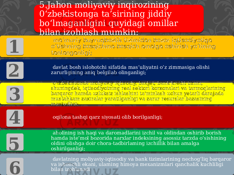 5.Jahon moliyaviy inqirozining 0‘zbekistonga ta’sirining jiddiy bo‘lmaganligini quyidagi omillar bilan izohlash mumkin: ma’muriy buyruqbozlik tizimidan bozor iqtisodiyotiga о‘tishning bosqichma-bosqich amalga oshirish yo‘lining tanlanganligi; davlat bosh islohotchi sifatida mas’uliyatni o‘z zimmasiga olishi zarurligining aniq belgilab olinganligi; 0 ‘zbekistonda moliyaviy-iqtisodiy, budjet, bank-kredit tizimi, shuningdek, iqtisodiyotning real sektori korxonalari va tarmoqlarining barqaror hamda uzluksiz ishlashini ta’minlash uchun yetarli dara jada mustahkam zaxiralar yaratilganligi va zarur resurslar bazasining mavjudligi; oqilona tashqi qarz siyosati olib borilganligi; aholining ish haqi va daromadlarini izchil va oldindan oshirib borish hamda iste’mol bozorida narxlar indeksining asossiz tarzda o‘sishining oldini olishga doir chora-tadbirlaming izchillik bilan amalga oshirilganligi; davlatning moliyaviy-iqtisodiy va bank tizimlarining nechog‘liq barqaror va ishonchli ekani, ulaming himoya mexanizmlari qanchalik kuchliligi bilan izohlanadi1 2 3 4 5 625 26 13 13 12 1E 30 0E 12 1004 1A04 12 26 0F21 13041203 1E 1E 12 0B 12 04 21 0B 0B 12 1004 15 130C1404 