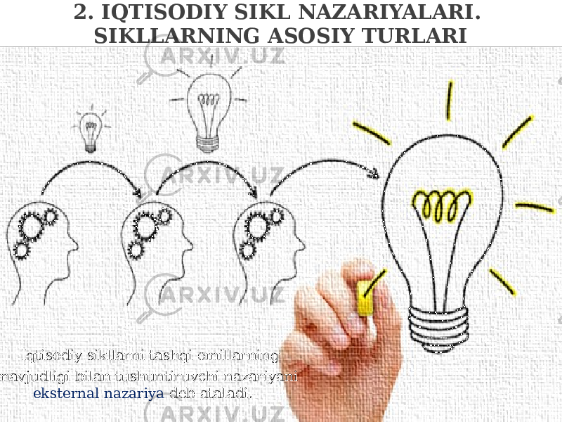 2. IQTISODIY SIKL NAZARIYALARI. SIKLLARNING ASOSIY TURLARI Iqti sodiy sikllarni tashqi omillarning mavjudligi bilan tushuntiruvchi nazariyani eksternal nazariya deb ataladi. 