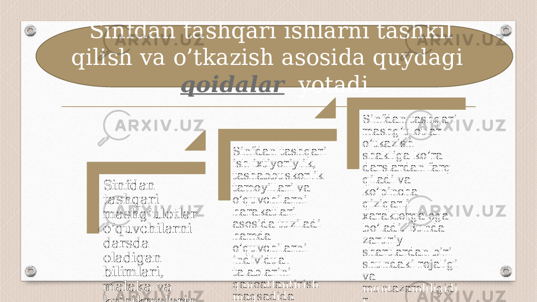 Sinfdan tashqari mashg’ulotlar o’quvchilarni darsda oladigan bilimlari, malaka va ko’nikmalarin i hisobga olgan holda o’tkaziladi Sinfdan tashqari ish ixtiyoriylik, tashabbuskorlik tamoyillari va o’quvchilarni harakatlari asosida tuziladi hamda o’quvchilarni individual talablarini qanoatlantirish maqsadida o’tkaziladi Sinfdan tashqari mashg’ulotlar o’tkazish shakliga ko’ra darslardan farq qiladi va ko’pincha qiziqarli xarakterga ega bo’ladi. Bunda zaruriy shartlardan biri shundaki rejaligi va muntazamliligidi rSinfdan tashqari ishlarni tashkil qilish va o’tkazish asosida quydagi qoidalar yotadi 