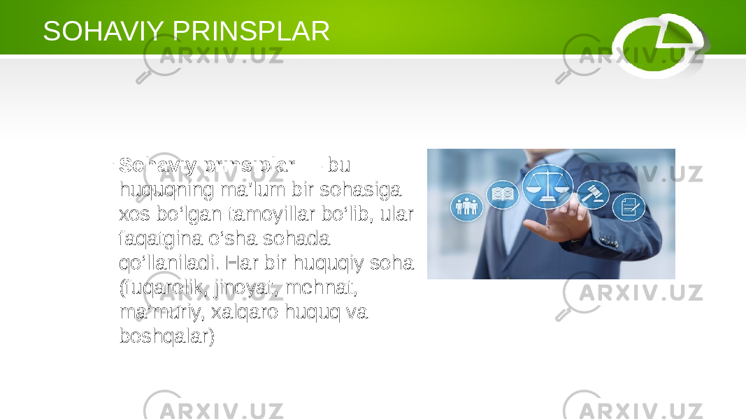 SOHAVIY PRINSPLAR – Sohaviy prinsiplar — bu huquqning ma’lum bir sohasiga xos bo‘lgan tamoyillar bo‘lib, ular faqatgina o‘sha sohada qo‘llaniladi. Har bir huquqiy soha (fuqarolik, jinoyat, mehnat, ma’muriy, xalqaro huquq va boshqalar) 