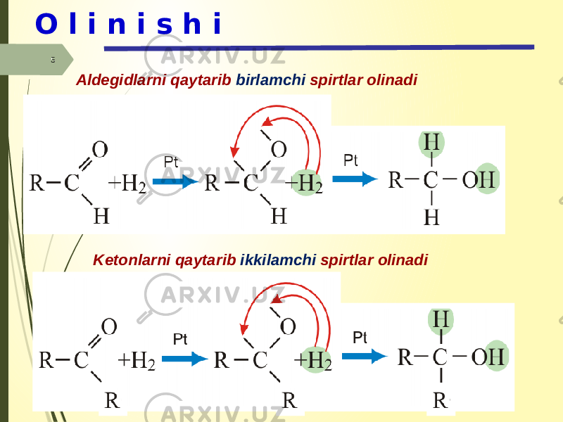 5O l i n i s h i Ketonlarni qaytarib ikkilamchi spirtlar olinadiAldegidlarni qaytarib birlamchi spirtlar olinadi 