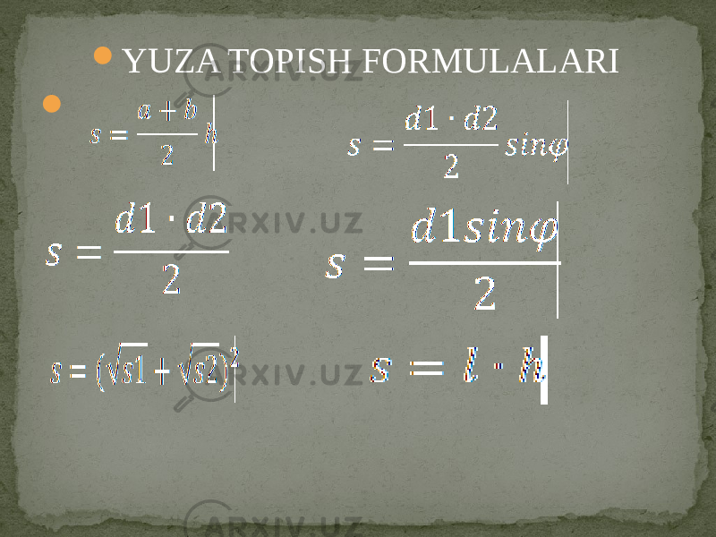  YUZA TOPISH FORMULALARI  