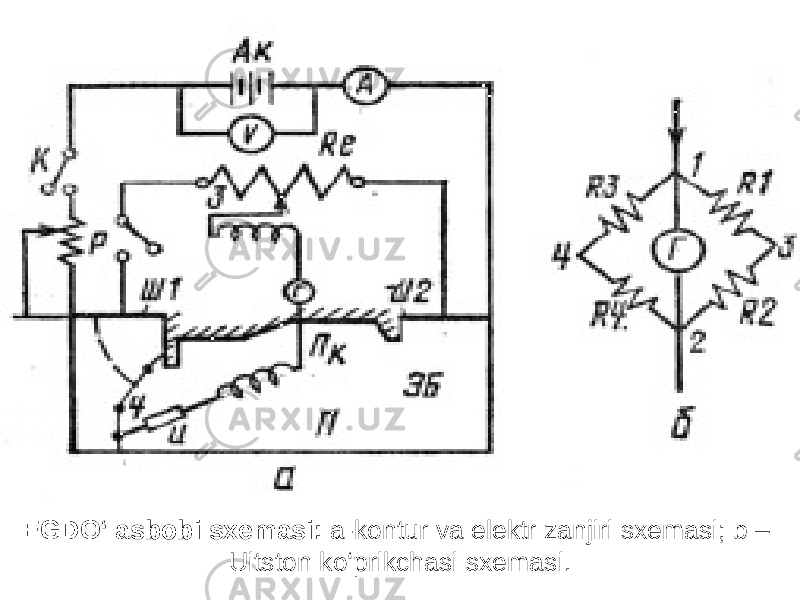 EGDO‘ asbobi sxemasi: a-kontur va elektr zanjiri sxemasi; b – Uitston ko‘prikchasi sxemasi. 