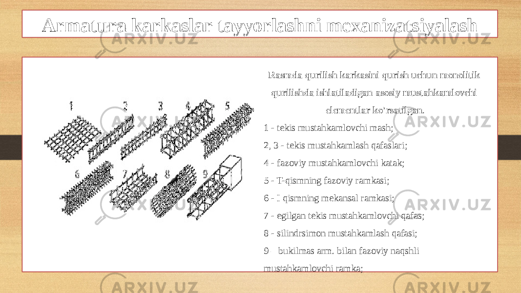 Armatura karkaslar tayyorlashni mexanizatsiyalash Rasmda qurilish karkasini qurish uchun monolitik qurilishda ishlatiladigan asosiy mustahkamlovchi elementlar ko&#39;rsatilgan . 1 - tekis mustahkamlovchi mash; 2, 3 - tekis mustahkamlash qafaslari; 4 - fazoviy mustahkamlovchi katak; 5 - T-qismning fazoviy ramkasi; 6 - I qismning mekansal ramkasi; 7 - egilgan tekis mustahkamlovchi qafas; 8 - silindrsimon mustahkamlash qafasi; 9 – bukilmas arm. bilan fazoviy naqshli mustahkamlovchi ramka; 