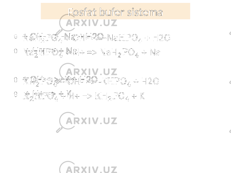 Fosfat bufer sistema • + OH- => -Na + H2O • + H+ => + Na • + OH- => -K + H2O • + H+ => + K• 